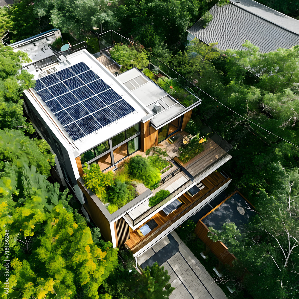 Aerial view of an eco-friendly house surrounded by greenery, highlighting sustainable renovation for improved energy efficiency and reduced carbon footprint.