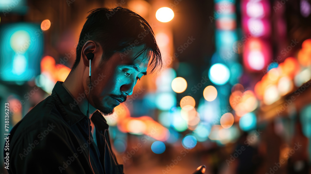 Man with earphones using a smartphone at night on a city street, with a colorful bokeh of street lights in the background. Man with earphones using a smartphone at night on a city street, with a colorful bokeh of street lights in the background.