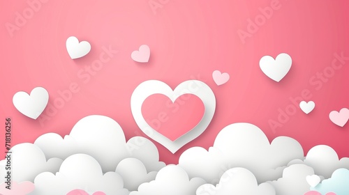 Abstract art with paper cut in the shape of a heart and white clouds on a pink background. Poster in paper cut style for Valentine's Day or Mother's Day.