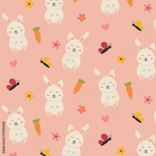 Vector pattern with bunnies and flowers