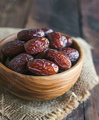 sweet dates in wooden bowl, on the rustic wooden table
