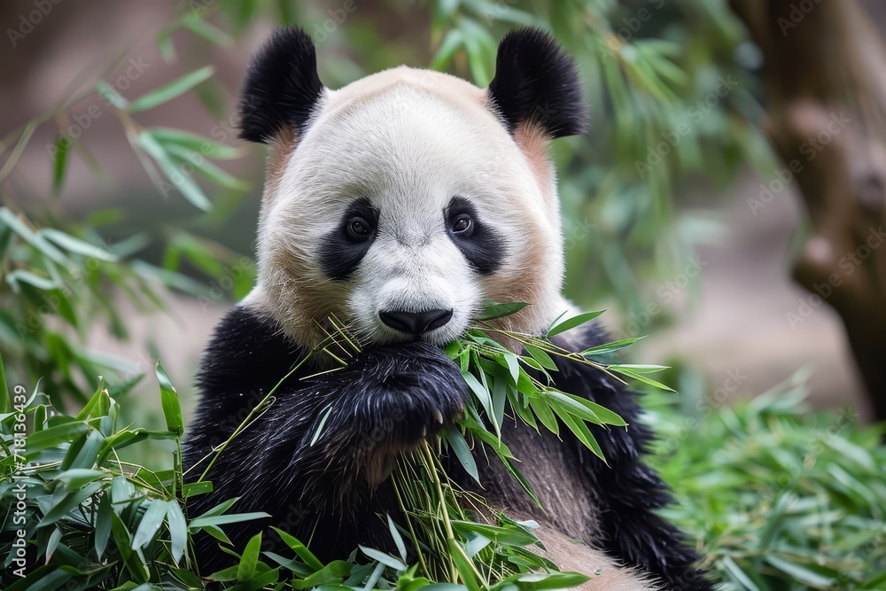 Fototapeta premium A majestic giant panda feasting on fresh green leaves in its natural habitat, showcasing the grace and beauty of this iconic terrestrial animal