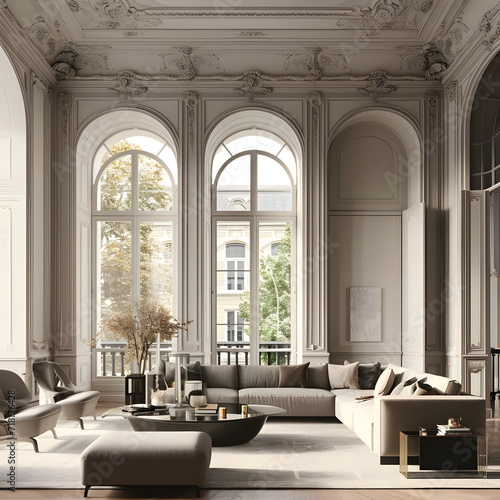 Spacious and luxurious modern Haussmannian living room with elegant decor and contemporary design.