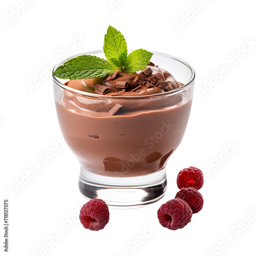 chocolate mousse with raspberries on a white background