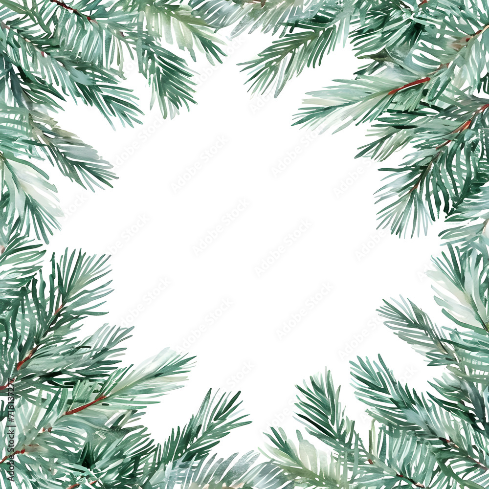 Hand-painted watercolor illustration of Christmas fir branches, creating a festive frame for greeting cards and invitations.