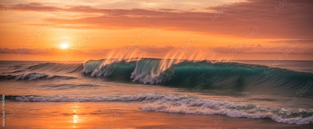 As the sun sets over the ocean, the waves crash against the shore, creating a stunning display of colors and textures. Imagine a surfer catching the last wave of the day, against the vibrant