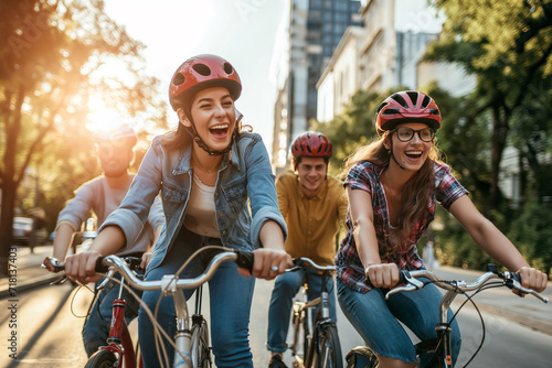 Group of friends, helmets on, enjoy a leisurely bicycle ride through the city at sunset. The setting sun casts a golden glow on their faces