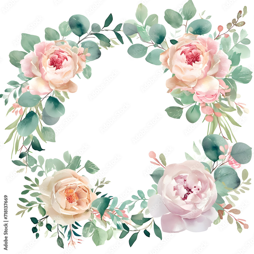 Watercolor wedding clipart featuring light pink flowers, eucalyptus greenery, and soft blush peonies. Perfect for stationary, greeting cards, and fashion designs.