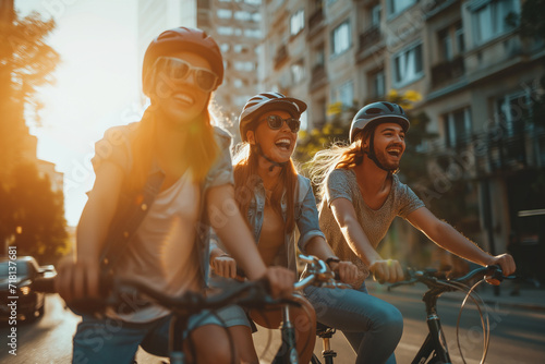 Group of friends, helmets on, enjoy a leisurely bicycle ride through the city at sunset. The setting sun casts a golden glow on their faces
