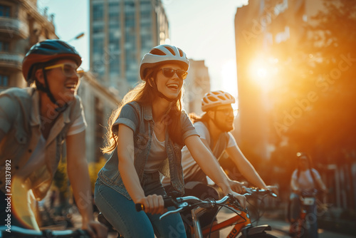 Group of friends, helmets on, enjoy a leisurely bicycle ride through the city at sunset. The setting sun casts a golden glow on their faces photo