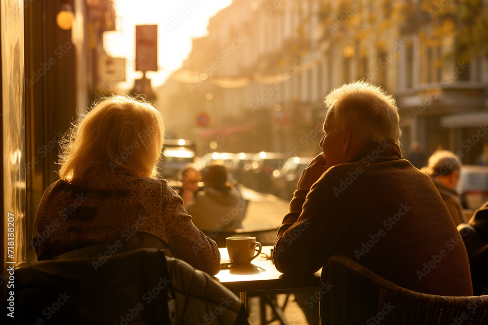 Senior couple sits at a street café, deeply engrossed in conversation. The bustling city life moves around them