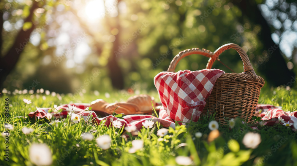 Wicker picnic basket with a red and white checkered cloth on it, set on a grassy field with dappled sunlight filtering through the trees. Wicker picnic basket with a red and white checkered cloth on it, set on a grassy field with dappled sunlight filtering through the trees.