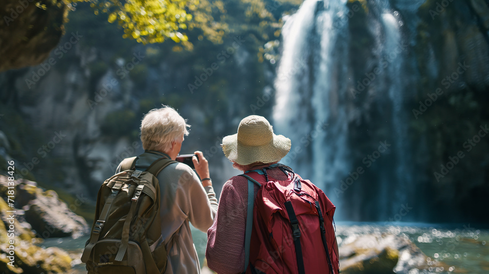 Senior couple, backpacks in tow, gazing at a majestic waterfall during their hike.