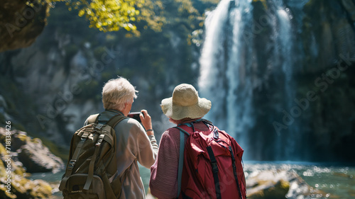 Senior couple, backpacks in tow, gazing at a majestic waterfall during their hike.