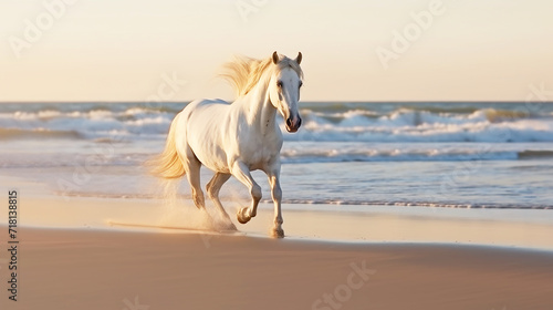 White horse running in sand beach with sunrise