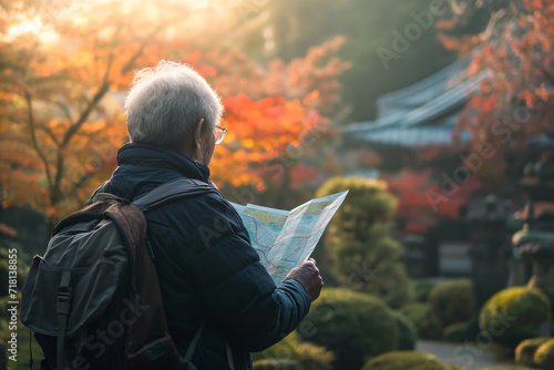 senior traveler consults a map, plotting the next step on their journey. The peaceful surroundings of a traditional Japanese garden in fall provide a perfect backdrop for a day of exploration