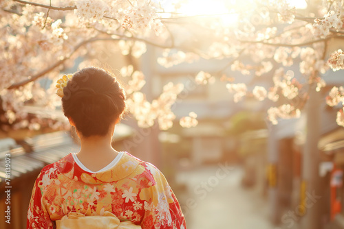 portrait from behind of a woman adorned in a vibrant red kimono, complemented by a traditional Japanese umbrella, set against a backdrop of delicate cherry blossoms
