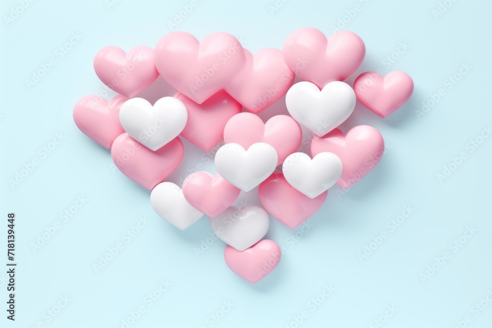 Pink and white hearts on blue background. Valentine's day concept. Red satin bow isolated on white background
