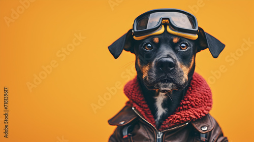 Stylish Dog Wearing Goggles and Leather Jacket on Orange Background