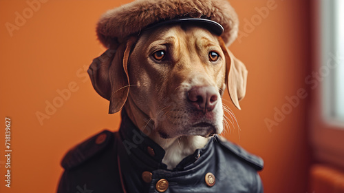Dog in Leather Jacket with Fur Hat