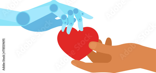 Human and robot hands holding heart shape. Collaboration between technology and humanity. Innovation. Artificial intelligence evolution and interaction with human processes.