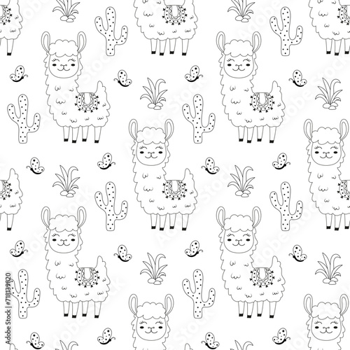 outline llama and cactus seamless pattern, scandinavian style, simple cute succulent and alpacas, vector illustration  isolated on background