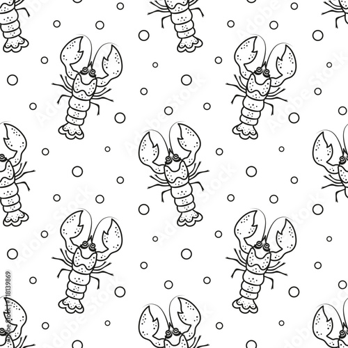 seamless pattern with lobsters on white background, cartoon outline print, wallpaper, wrapping paper, modern textile design, banner, poster, flat vector illustration