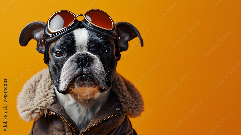 Stylish Boston Terrier in Leather Jacket and Goggles