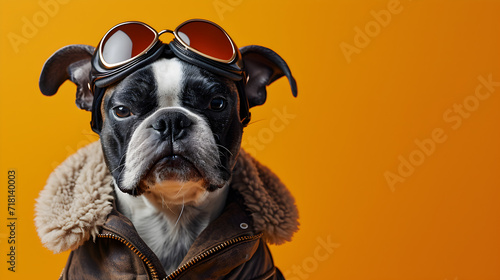 Stylish Boston Terrier in Leather Jacket and Goggles © vanilnilnilla