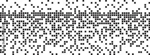 Monochrome pixel art seamless divider. Falling apart mosaic pieces. Abstract background. Horizontal pixel gradient. Pixel art backdrop with a place for your text.