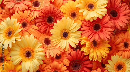Summer autumn blossoming gerbera flowers on orange background  bright floral card - Generative AI