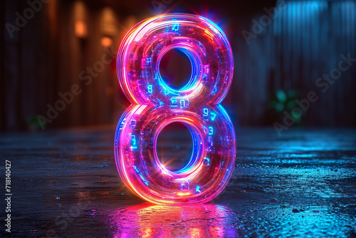 Number 8 - colorful glowing outline alphabet symbol on blue lens flare dark background