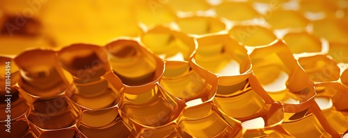 The honeycomb contains fresh  shiny golden yellow honey. generative AI