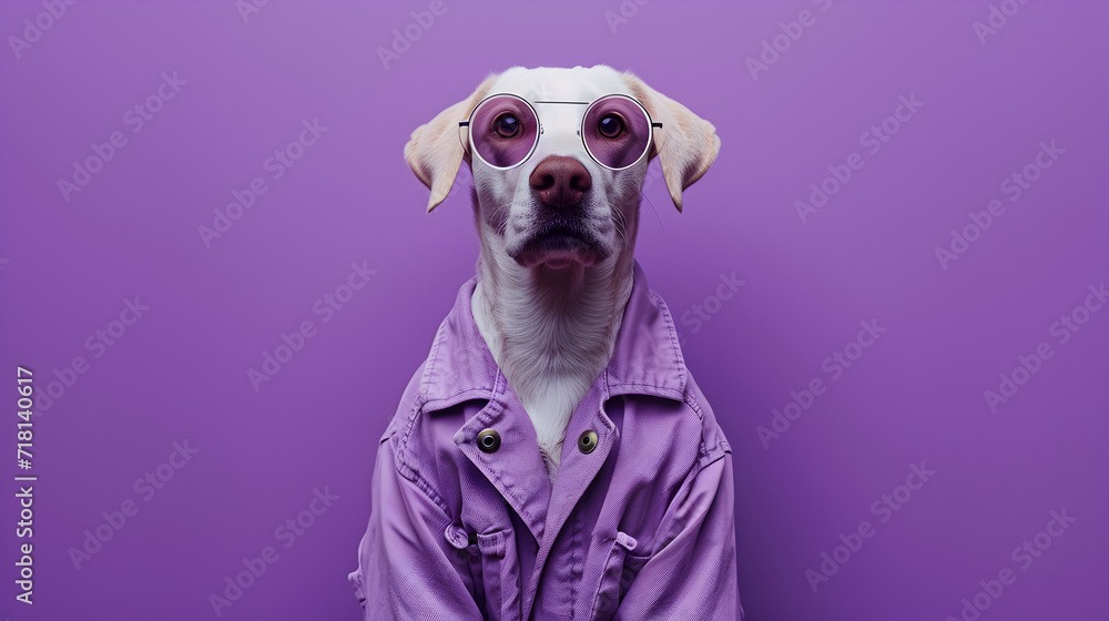 Playful Dog Wearing a Pink Jacket and Sunglasses on a Purple Background