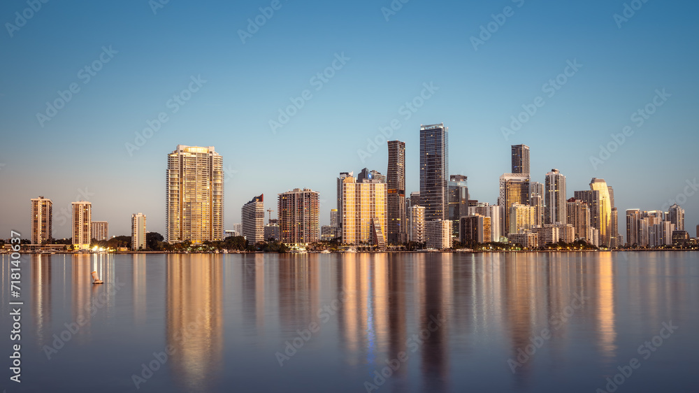 the miami skyline during a early sunrise