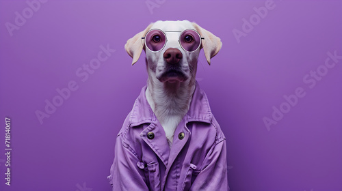 Playful Dog Wearing a Pink Jacket and Sunglasses on a Purple Background