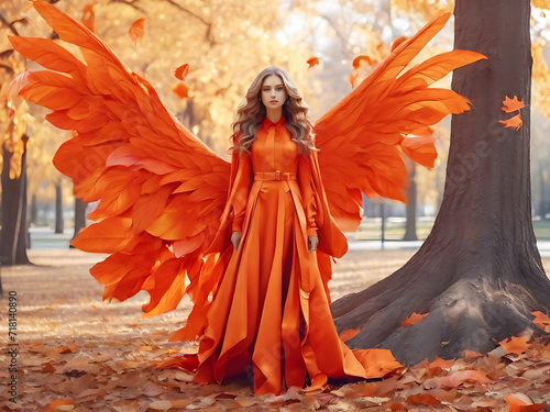 Young beautiful woman fallen angel stands in the park near a tree with orange falling leaves. Creative red suit, huge artificial bird wings and elegant dress. Wind magic whirls the autumn foliage