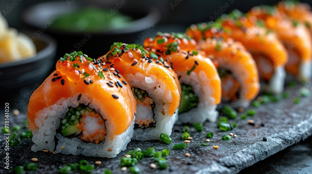 Assorted sushi nigiri and maki big set on slate. A variety of Japanese sushi with tuna and crab. Assorted sushi nigiri and maki big set on slate. A variety of Japanese sushi with tuna and crab.