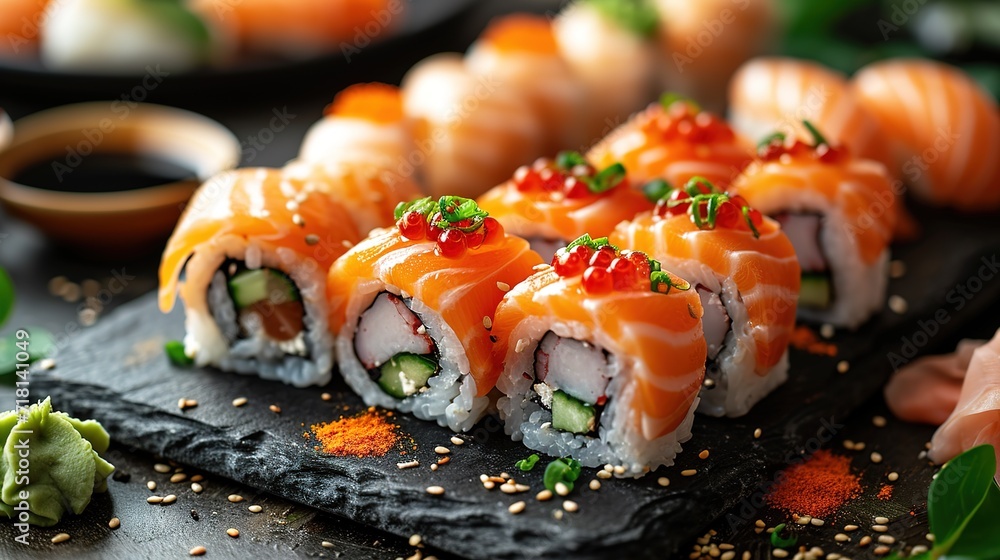 Assorted sushi nigiri and maki big set on slate. A variety of Japanese sushi with tuna and crab. Assorted sushi nigiri and maki big set on slate. A variety of Japanese sushi with tuna and crab.