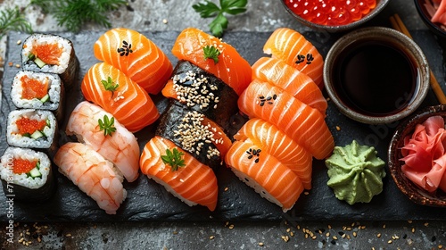 Assorted sushi nigiri and maki big set on slate. A variety of Japanese sushi with tuna and crab. © Vasiliy
