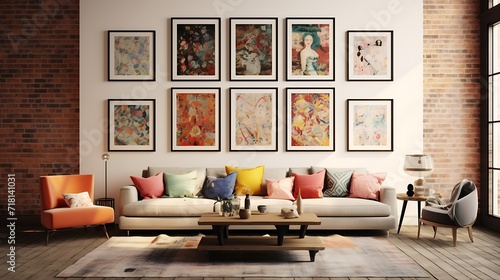 Lounge with a gallery wall of framed art pieces in varied sizes and colors