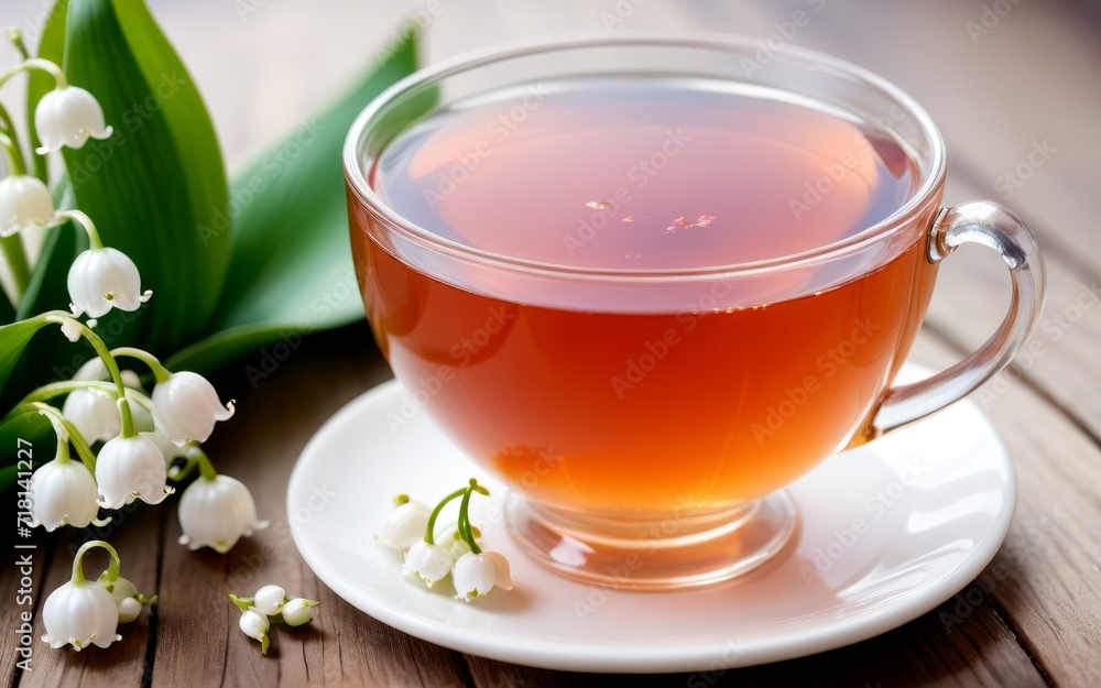 A transparent cup of red tea on a saucer next to lily of the valley flowers on a wooden table