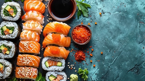 Assorted sushi nigiri and maki big set on slate. A variety of Japanese sushi with tuna and crab.