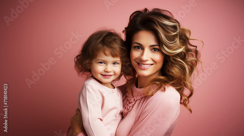 Mother and child show love on pink background