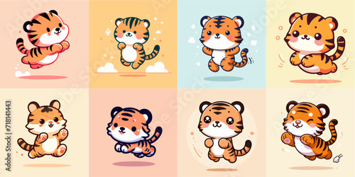 Vector set of cute tigers jumping with a simple flat cartoon design