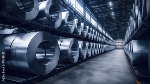 rolls of galvanized steel sheet neatly stored inside a factory or warehouse, emphasizing the industrial setting and precision in storage.
