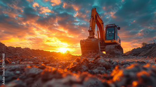 Excavator, ground and career, sunset at construction site with maintenance, contractor and clouds in landscape. Engineer, working and preparing, urban infrastructure and vision for renovation