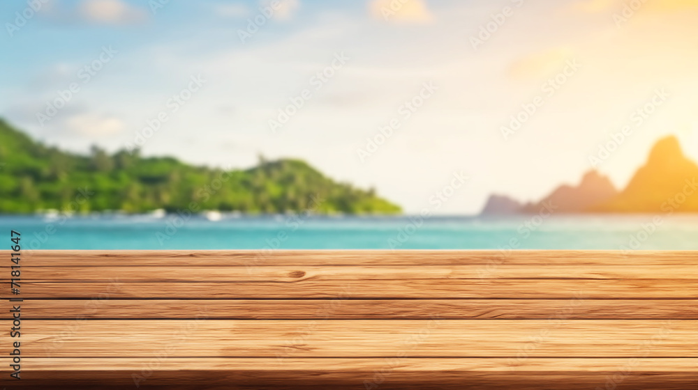 Empty wooden table with sea beach background