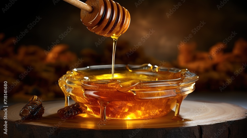 A glass bowl filled with clear golden orange honey with a sweet taste A glass bowl filled with clear golden orange honey with a sweet taste