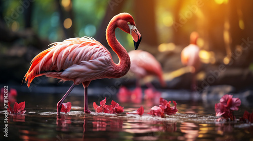 Pink flamingo walks on river in the forest